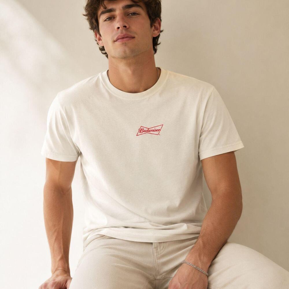 Budweiser cream embroidered logo t shirt